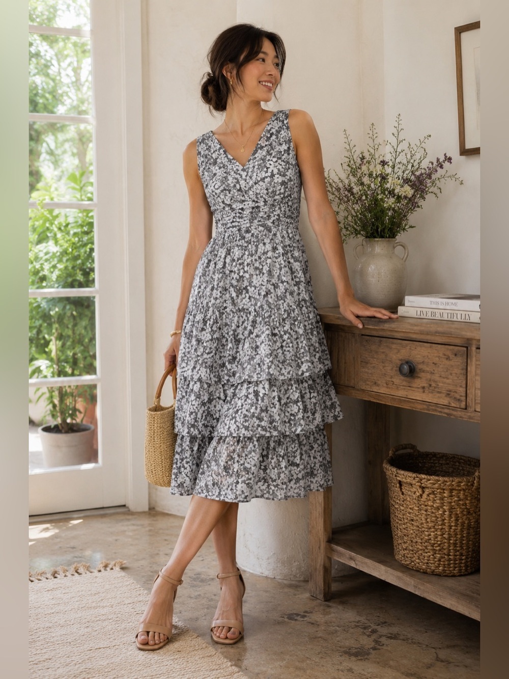 Talbots Size 2 Gray Abstract Floral Tiered Midi Dress Sleeveless V-Neck Cotton